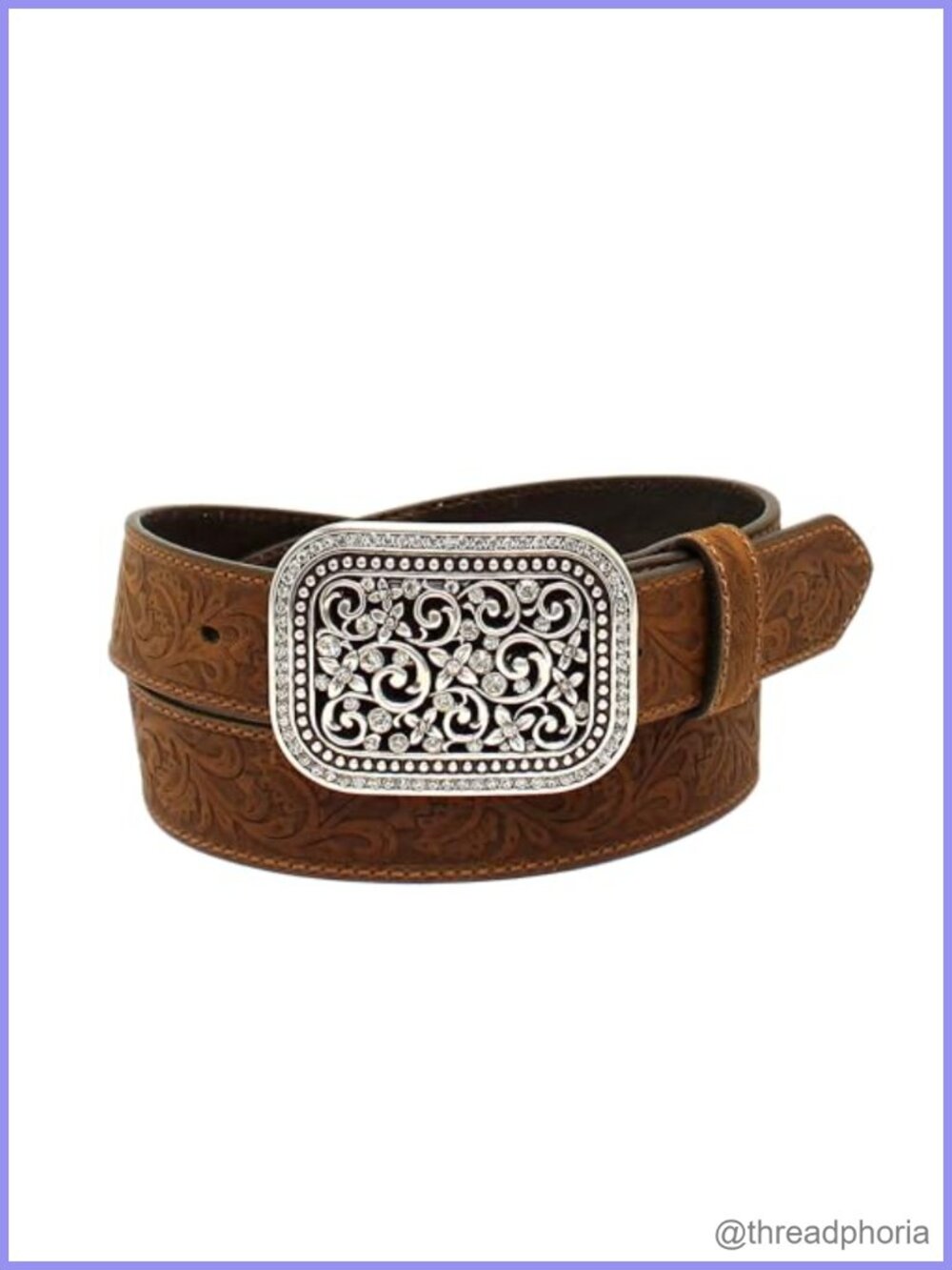 Rhinestone Floral Embossed Leather Western Belt 1.5 Inch
